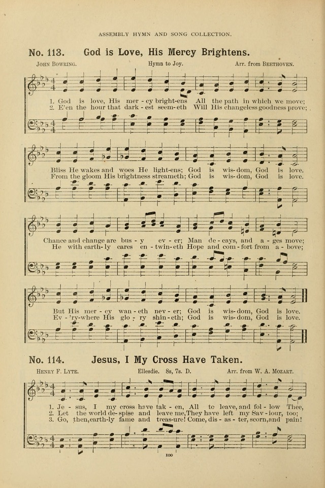 The Assembly Hymn and Song Collection: designed for use in chapel, assembly, convocation, or general exercises of schools, normals, colleges and universities. (3rd ed.) page 100