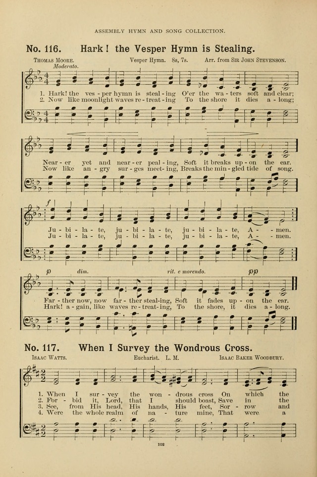 The Assembly Hymn and Song Collection: designed for use in chapel, assembly, convocation, or general exercises of schools, normals, colleges and universities. (3rd ed.) page 102