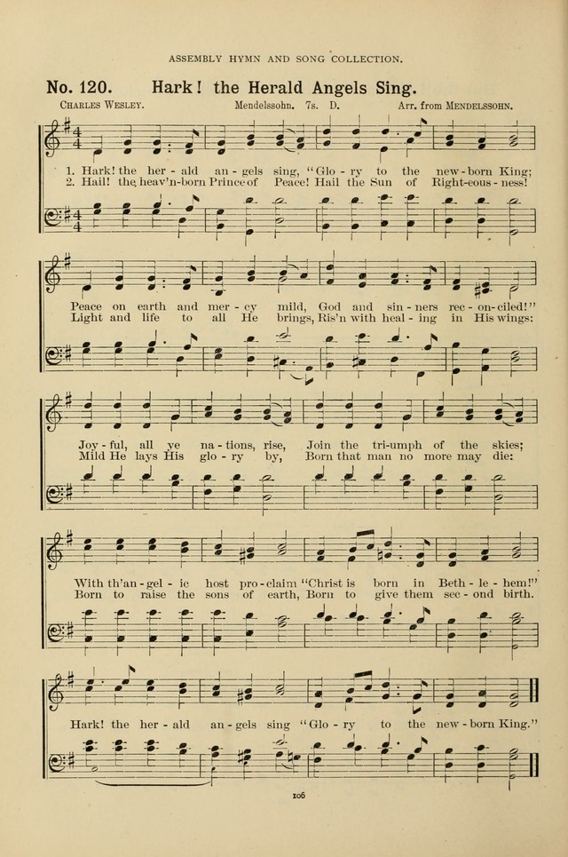 The Assembly Hymn and Song Collection: designed for use in chapel, assembly, convocation, or general exercises of schools, normals, colleges and universities. (3rd ed.) page 106