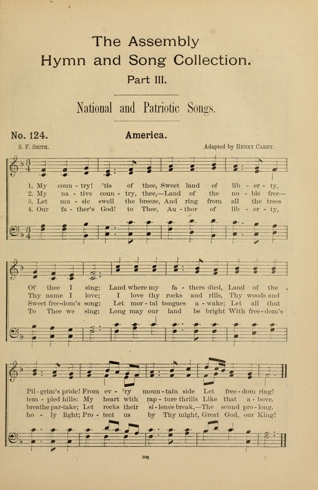 The Assembly Hymn and Song Collection: designed for use in chapel, assembly, convocation, or general exercises of schools, normals, colleges and universities. (3rd ed.) page 109
