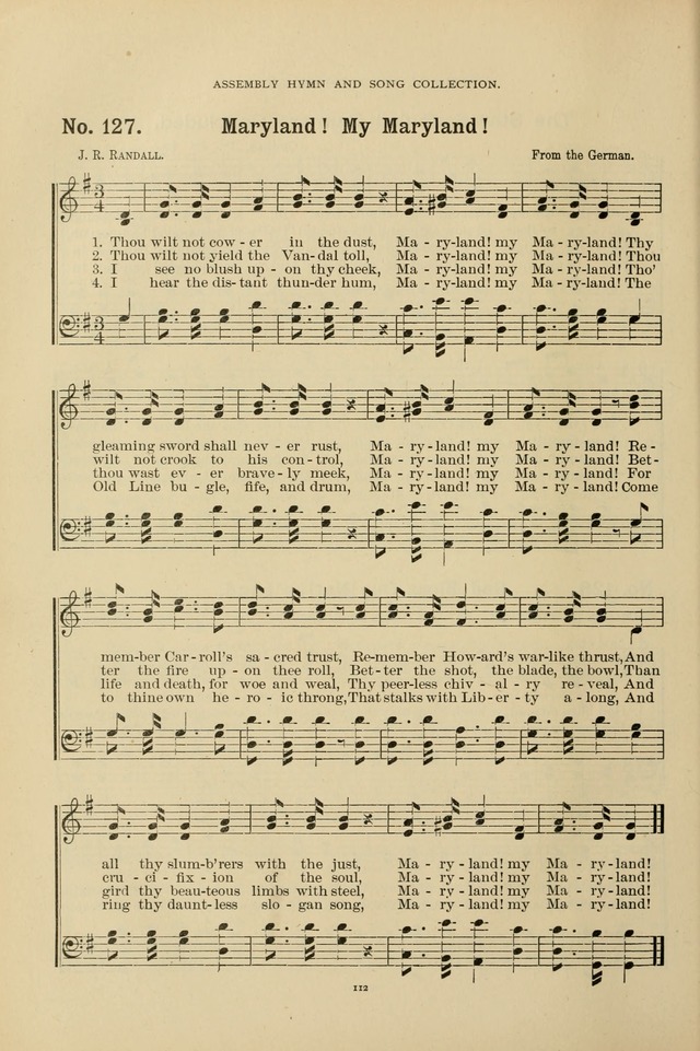 The Assembly Hymn and Song Collection: designed for use in chapel, assembly, convocation, or general exercises of schools, normals, colleges and universities. (3rd ed.) page 112