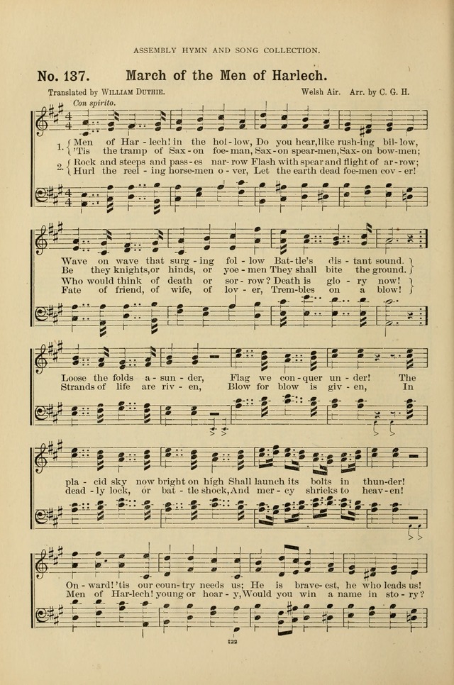 The Assembly Hymn and Song Collection: designed for use in chapel, assembly, convocation, or general exercises of schools, normals, colleges and universities. (3rd ed.) page 122