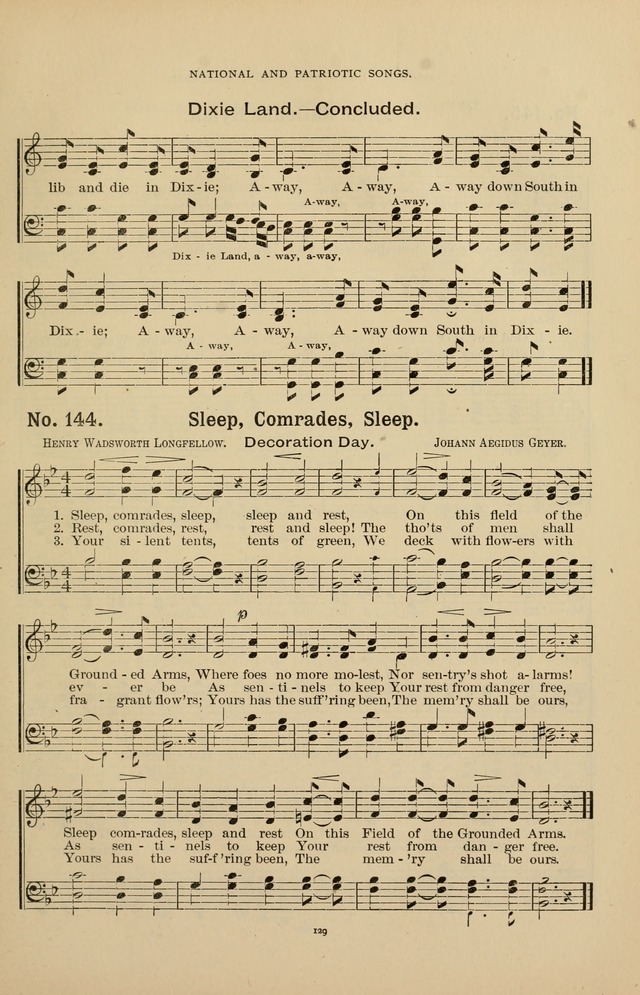 The Assembly Hymn and Song Collection: designed for use in chapel, assembly, convocation, or general exercises of schools, normals, colleges and universities. (3rd ed.) page 129