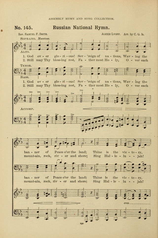 The Assembly Hymn and Song Collection: designed for use in chapel, assembly, convocation, or general exercises of schools, normals, colleges and universities. (3rd ed.) page 130