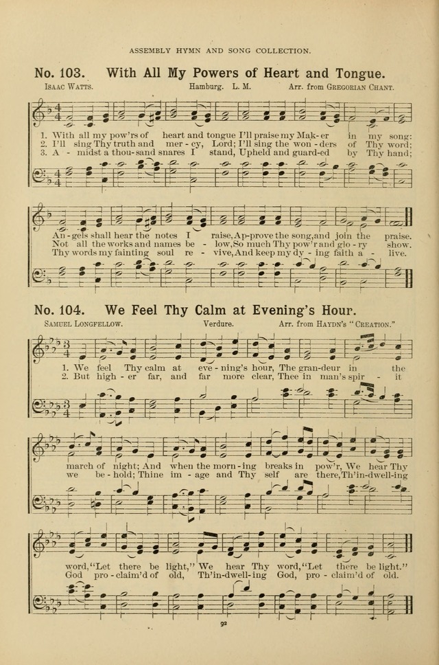 The Assembly Hymn and Song Collection: designed for use in chapel, assembly, convocation, or general exercises of schools, normals, colleges and universities. (3rd ed.) page 92