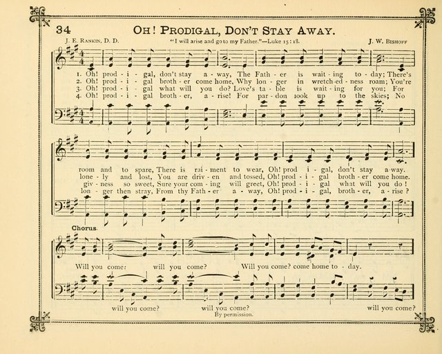 Carols of Joy: choice collection of songs and hymns for the Sunday School, Bible class, and the Home Circle to which has been added an easy method of Rudimental Instruction in Music, for Weekday Study page 34