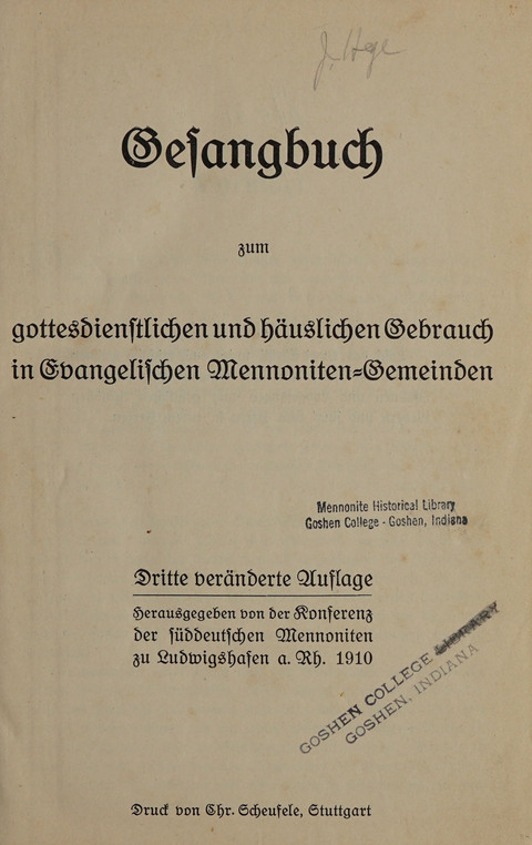 Gesangbuch: zum gottesdienstlichen und häuslichen Gebrauch in Evangelischen Mennoniten-Gemeinden (3rd ed.) page iv
