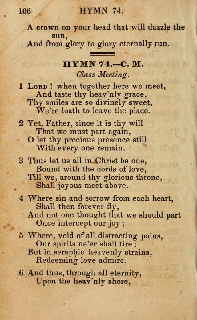 The New and Improved Camp Meeting Hymn Book; being a choice selection of hymns from the most approved authors designed to aid in the public and private devotion of Christians (4th ed. Stereotype) page 108