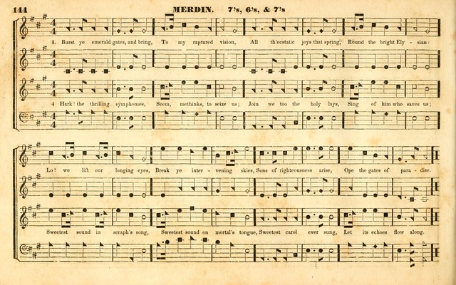 The Sacred Harp or Eclectic Harmony: a collection of church music, consisting of a great variety of psalm and hymn tunes, anthems, sacred songs and chants...(New ed., Rev. and Corr.) page 144