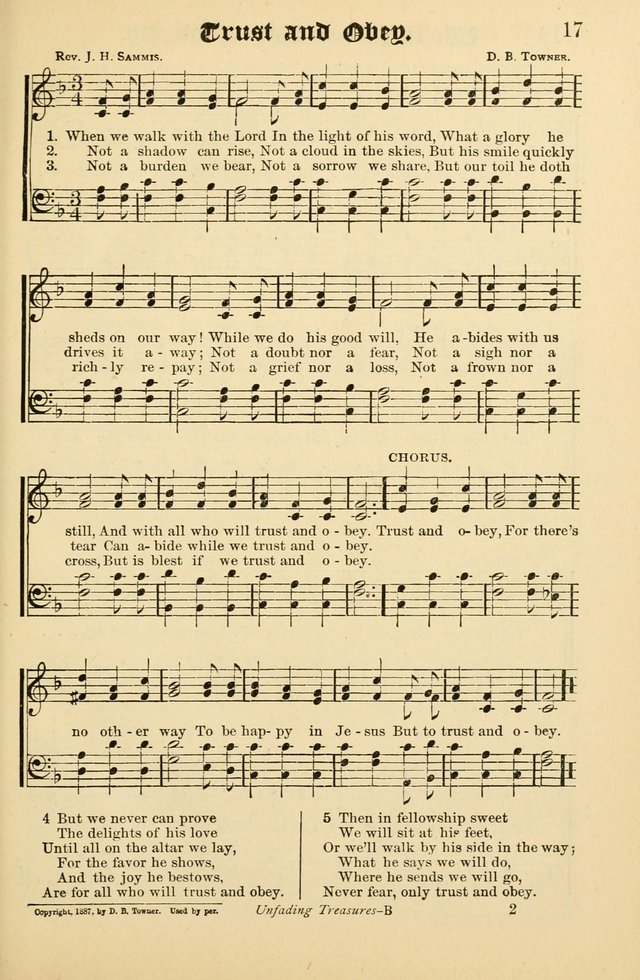 Unfading Treasures: a compilation of sacred songs and hymns, adapted for use by Sunday schools, Epworth Leagues, endeavor societies, pastors, evangelists, choristers, etc. page 17